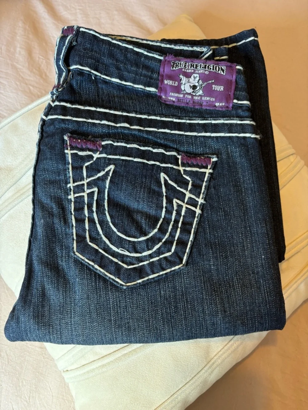 True Religion Dark Blue Skinny Jeans with White Stitching and Purple Patch - Picture 2 of 12